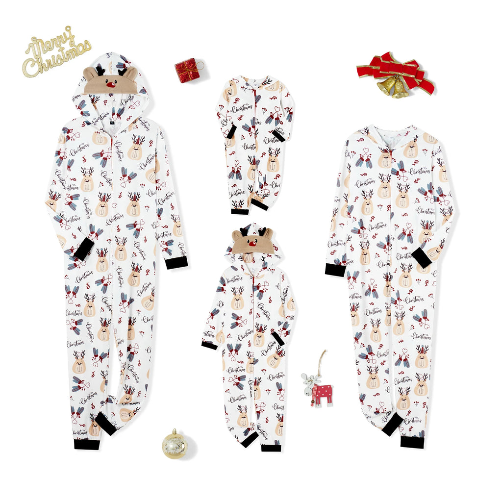 Combhasaki Family Matching Christmas Pajamas Loungewear Long Sleeve 3D Elk Antler All-over Print Hooded Romper Zip Up Jumpsuits
