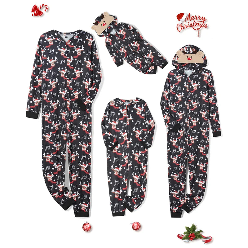 Combhasaki Family Matching Christmas Pajamas Loungewear Long Sleeve 3D Elk Antler All-over Print Hooded Romper Zip Up Jumpsuits