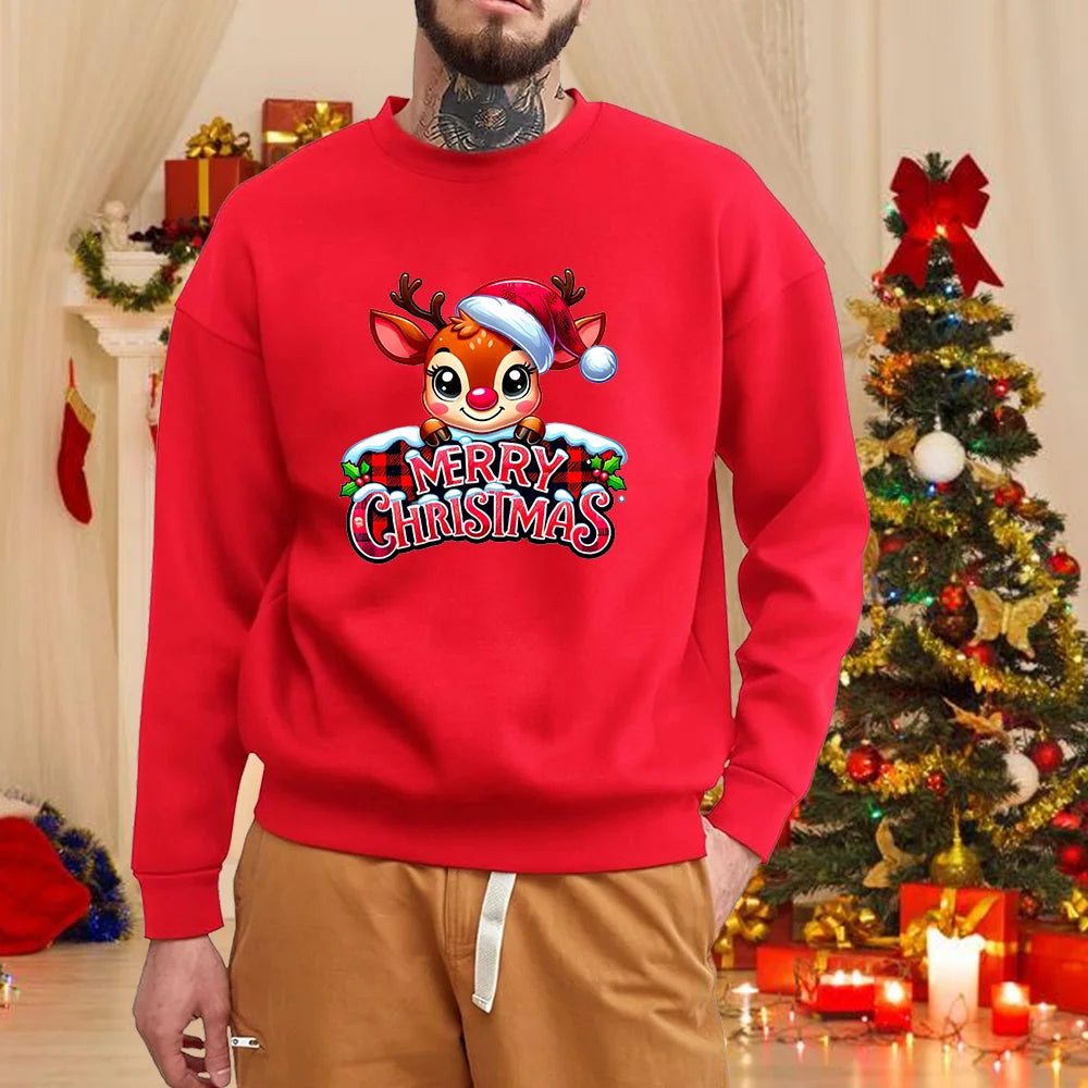 Christmas elk round neck pullover fall and winter men's casual long-sleeved cute Merry Christmas red sweater