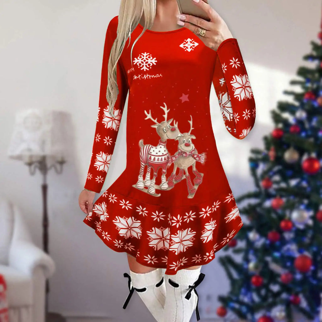 Christmas Snowflake Elk Vintage Party Dress Ruffles Elegant Long Sleeve Casual Print Winter Sweater Party Female O Neck Vestidos