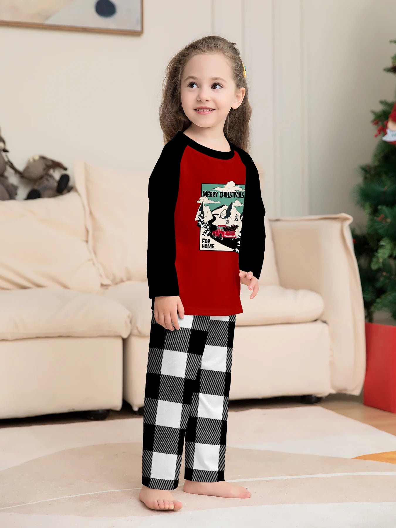 Christmas Family Matching Pajamas Set "MERRY CHRISTMAS" Raglan Sleeve Red Black Top Black White Plaid Sleepwear