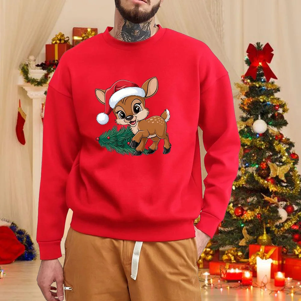 Christmas elk round neck pullover fall and winter men's casual long-sleeved cute Merry Christmas red sweater