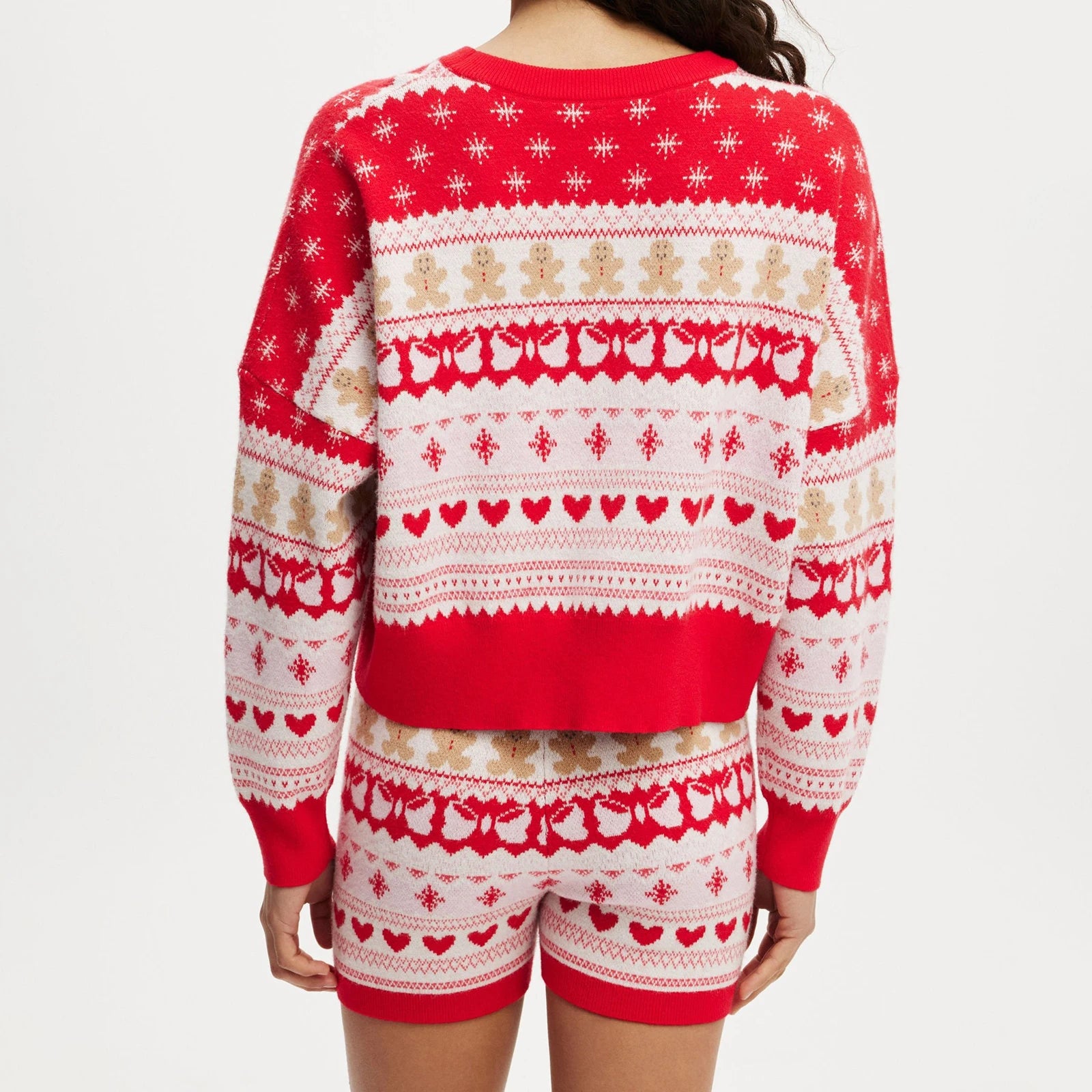 Xmas Women Christmas Outfit Gingerbread Man Knit Long Sleeve Crew Neck Sweater with Elastic Waist Shorts Party Costume Short Set