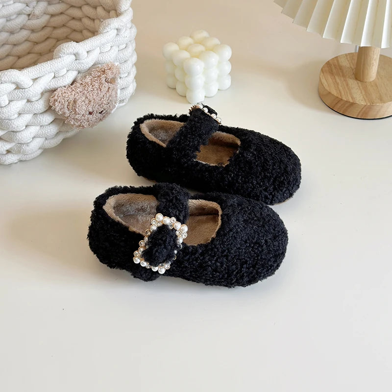 New Winter Children's Shoes Thickened Warm Girls Cotton Shoes Luxury Rhinestone Buckle Kids Fashion Princess Causal Plush Shoes