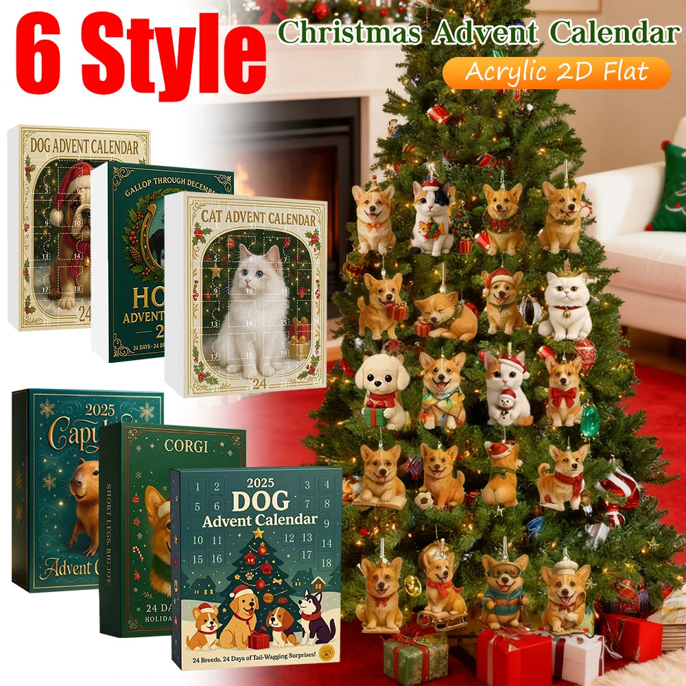 Cat Lovers Advent Calendar Christmas Countdown Calendar 2D Acrylic Cute Cat Dog Calendar Artistic Holiday Ornament for Christmas