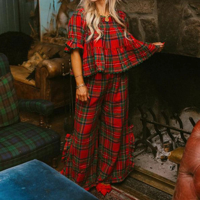 Women Christmas Plaid Loungwear Set Y2K Puff Sleeve Babydoll Tops Ruffle Split Wide Leg Pants Xmas Gingham Pajamas