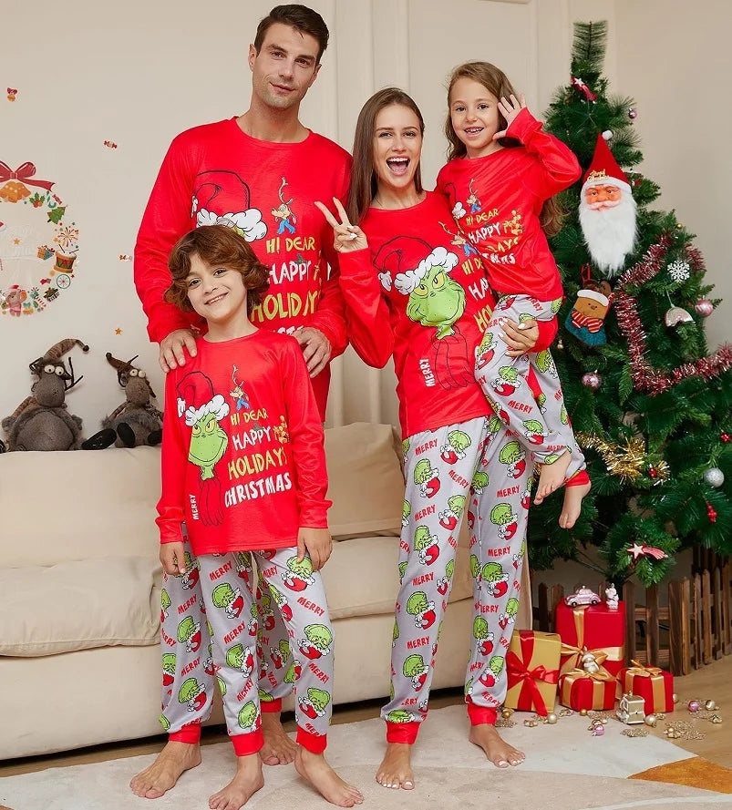 2025 Xmas Family Matching Pajamas GREENCH Happy Holiday Letter Print Adult Kid Baby Family Matching Outfit Christmas Family Pj's