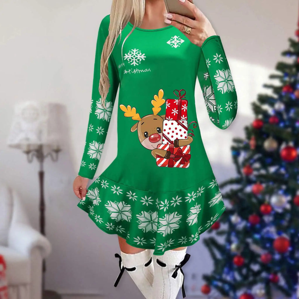 Christmas Snowflake Elk Vintage Party Dress Ruffles Elegant Long Sleeve Casual Print Winter Sweater Party Female O Neck Vestidos