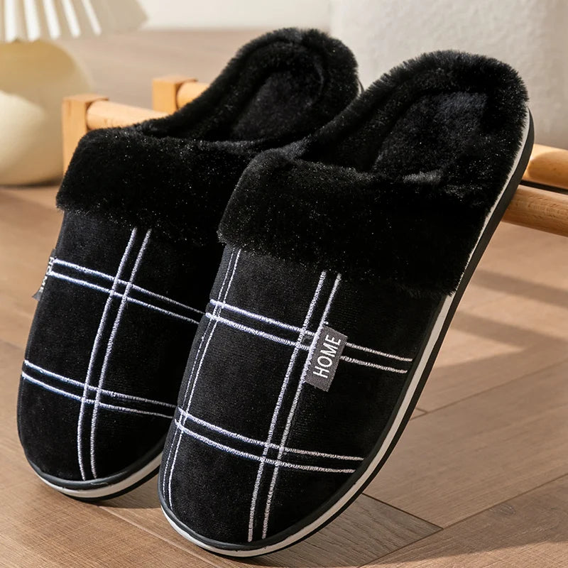 Warm Furry Winter Mens Slippers Indoor Soft Plush Memory Foam Plaid House Shoes Non-slip Fluffy Bedroom Slippers for Men