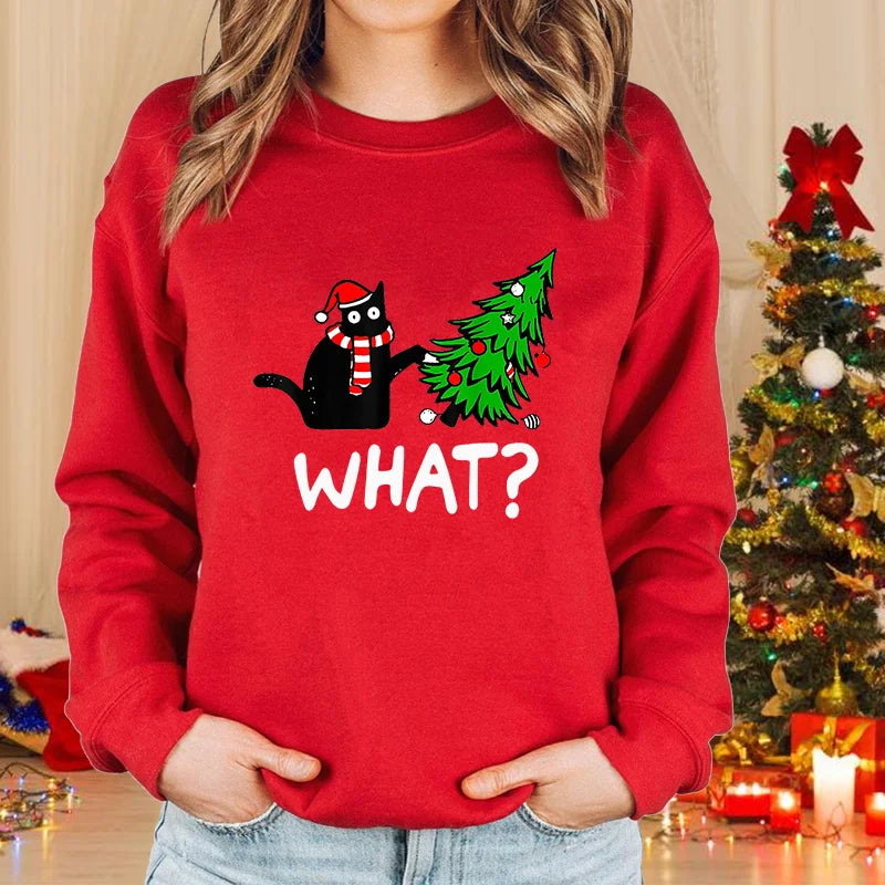 Christmas Cat Pattern Pullover Women's Fashion Casual Loose Sweater Cute Christmas Cat Top