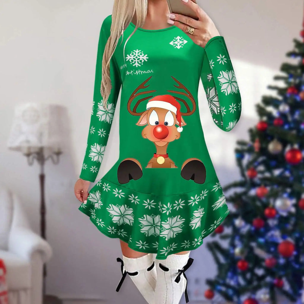 Christmas Snowflake Elk Vintage Party Dress Ruffles Elegant Long Sleeve Casual Print Winter Sweater Party Female O Neck Vestidos