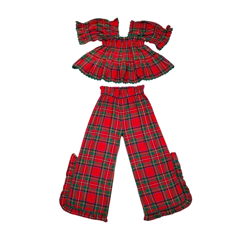 Women Christmas Plaid Loungwear Set Y2K Puff Sleeve Babydoll Tops Ruffle Split Wide Leg Pants Xmas Gingham Pajamas