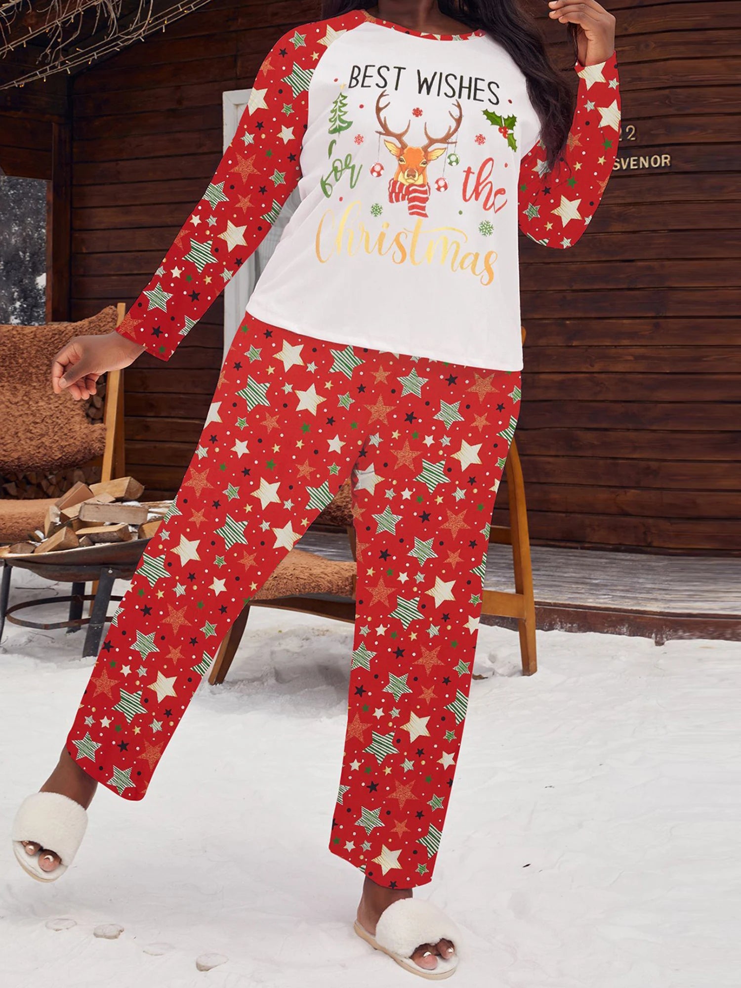Women s Plus Size Christmas Pajama Set with Snowflake Print Long Sleeve Top and Matching Pants for Festive Sleepwear Outfit