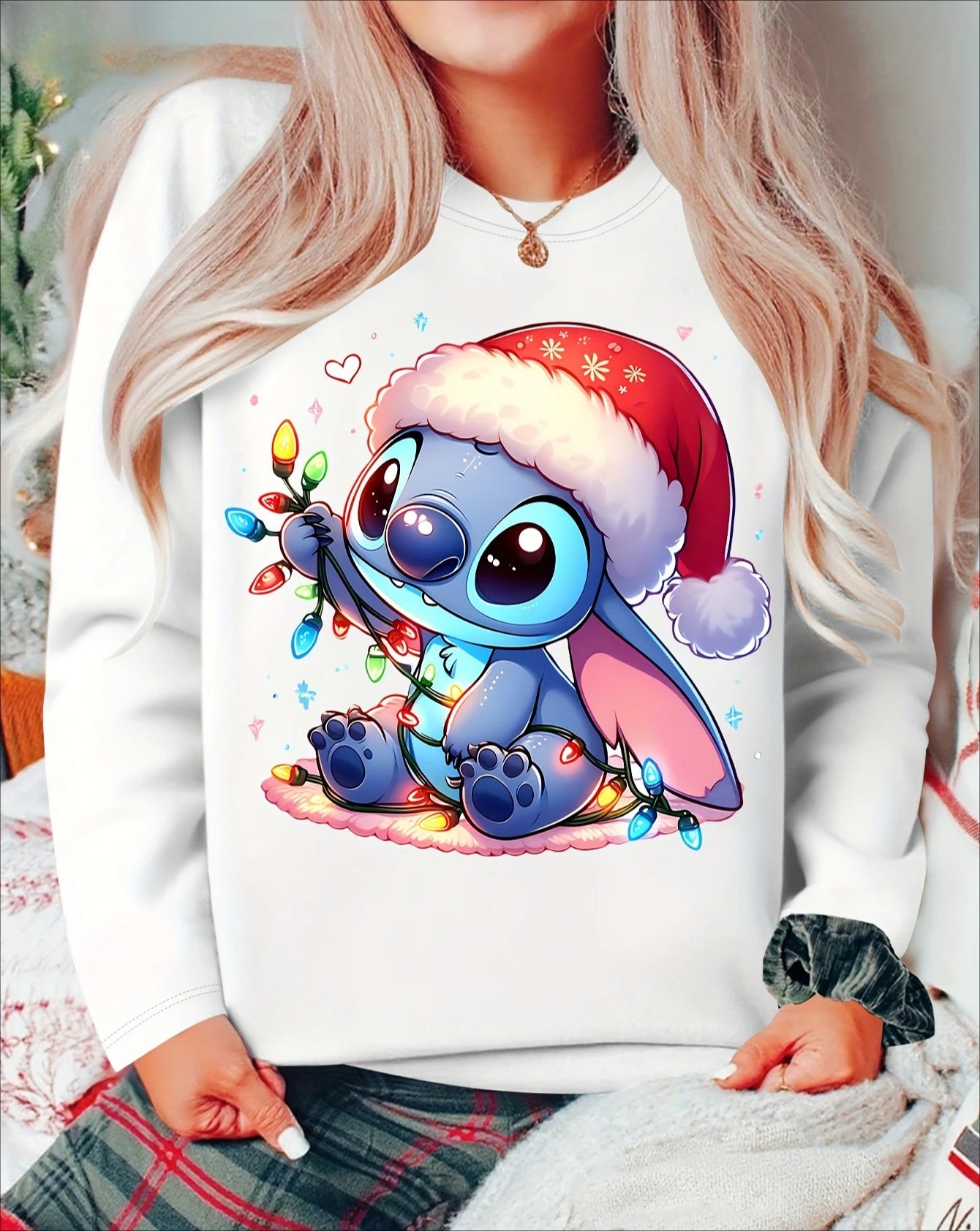 Women's Stitch Christmas Sweater Santa Hat & Lights Graphic Sweatshirts Festive Stitch Kawaii Cartoon Sweatshirt Woman Clothing