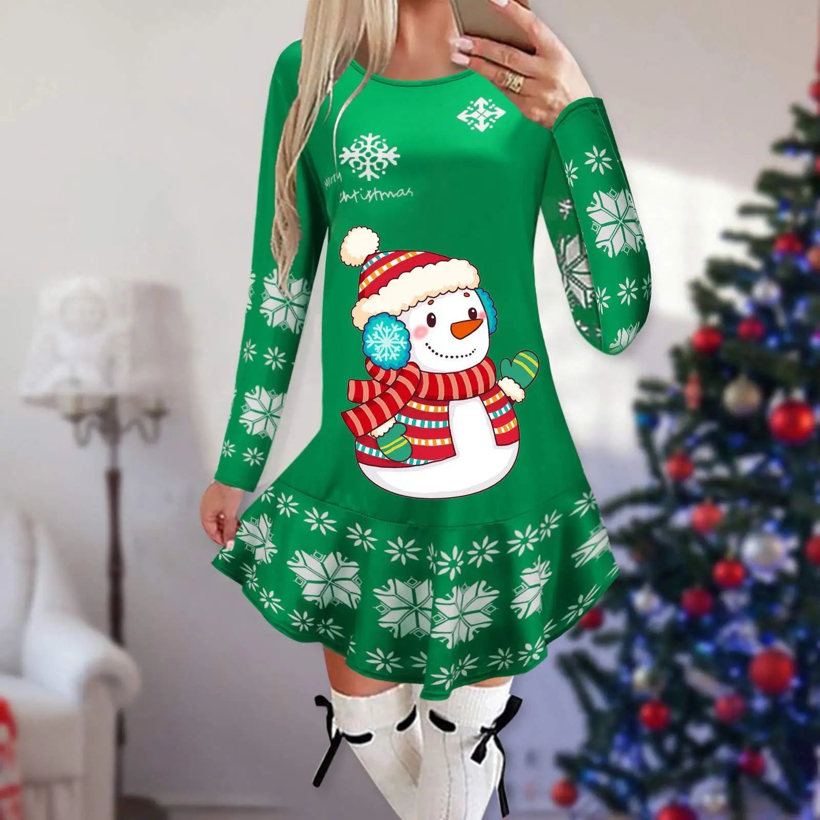 Christmas Snowflake Elk Vintage Party Dress Ruffles Elegant Long Sleeve Casual Print Winter Sweater Party Female O Neck Vestidos