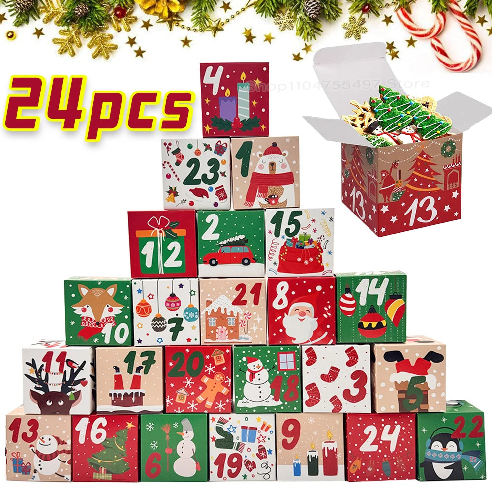 24pcs/set Christmas Advent Calendar Boxes Xmas Cute Cartoon Cube 24 Days Countdown Gift Candy Packaging Paper Box Party Decor