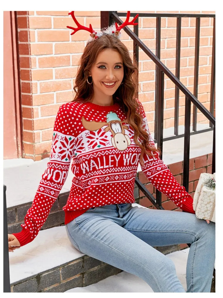 Women Loose Christma Sweater Autumn Winter Print Knitted Snowflake Christmas Tree Pattern Christmas Style Knitwear Sweatshirt