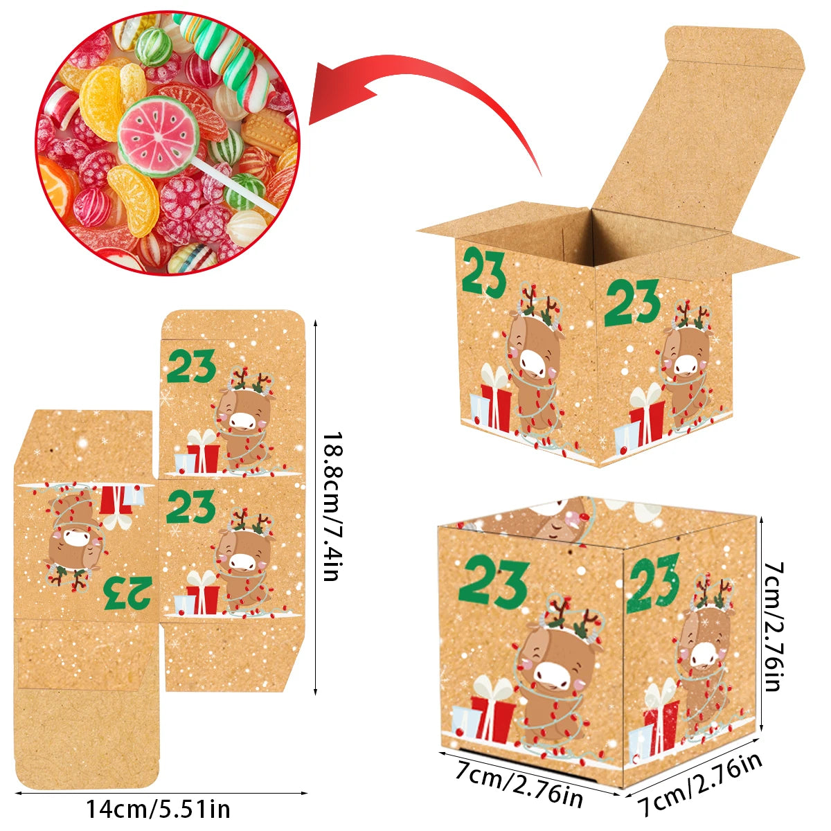 24Pcs Christmas Advent Calendar Gift Box 1-24 Number Christmas Decor Gift Box Xmas New Year Candy Cookies Wrapping Box Navidad