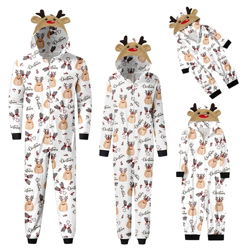 Combhasaki Family Matching Christmas Pajamas Loungewear Long Sleeve 3D Elk Antler All-over Print Hooded Romper Zip Up Jumpsuits