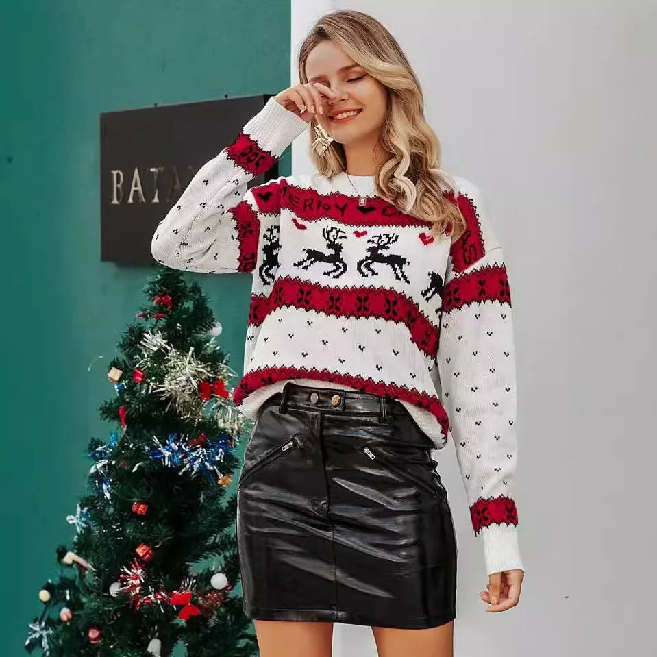 Womens Winter Jumper Fashionable Christmas Women Long-sleeved Elk Round Neck Loose Outdoor Versatile Sweater Abbigliamento Donna