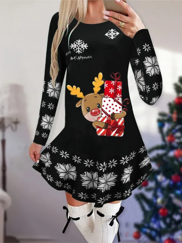 Christmas Snowflake Elk Vintage Party Dress Ruffles Elegant Long Sleeve Casual Print Winter Sweater Party Female O Neck Vestidos