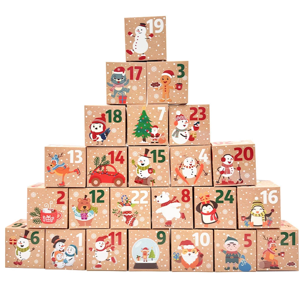 24pcs/set Christmas Advent Calendar Boxes Xmas Cute Cartoon Cube 24 Days Countdown Gift Candy Packaging Paper Box Party Decor