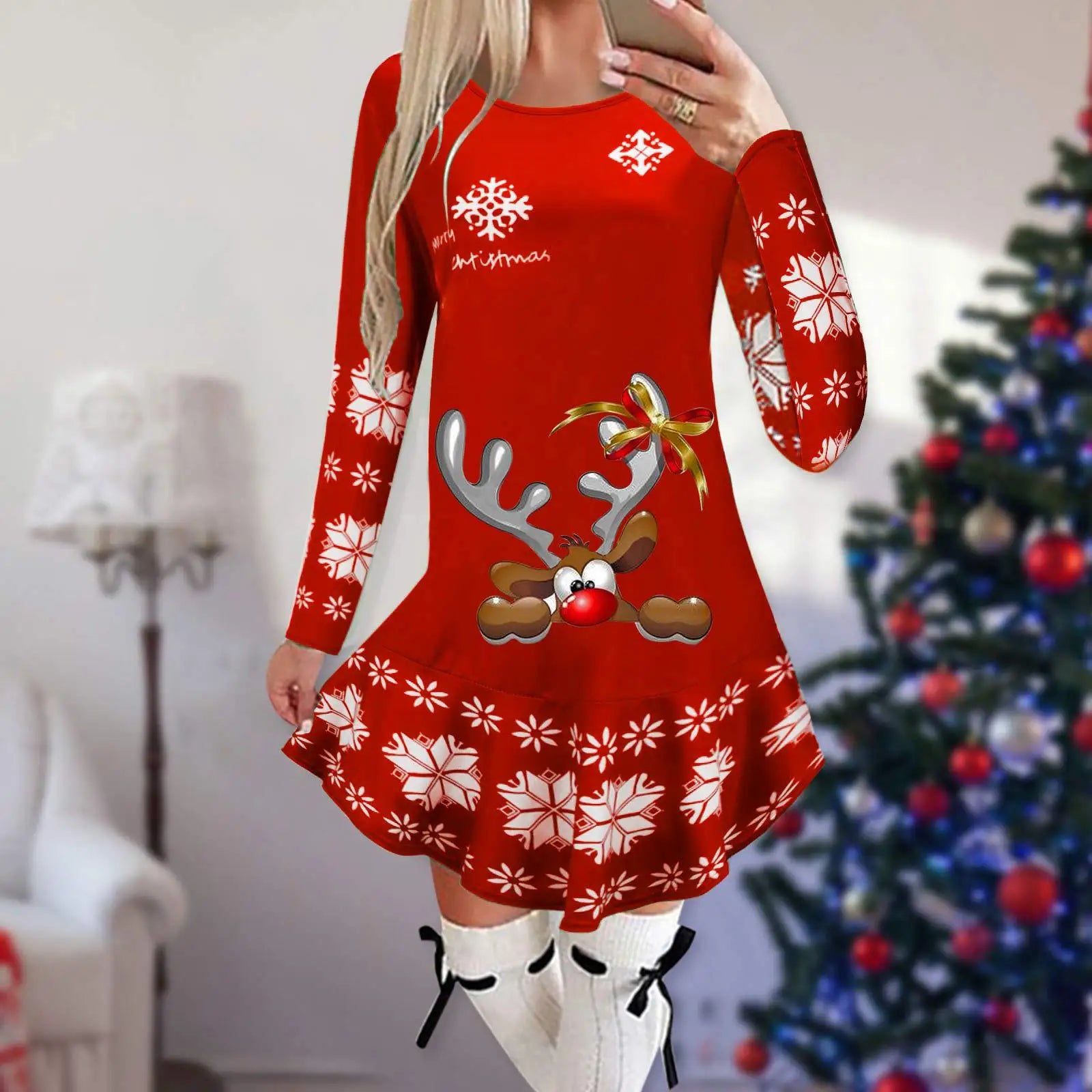 Christmas Snowflake Elk Vintage Party Dress Ruffles Elegant Long Sleeve Casual Print Winter Sweater Party Female O Neck Vestidos