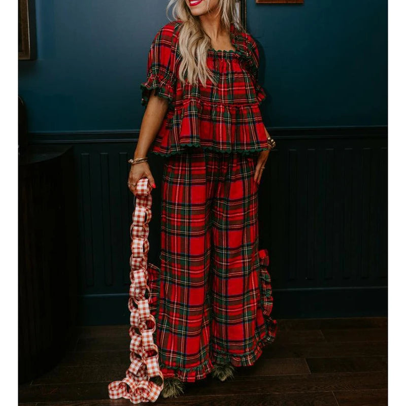 Women Christmas Plaid Loungwear Set Y2K Puff Sleeve Babydoll Tops Ruffle Split Wide Leg Pants Xmas Gingham Pajamas