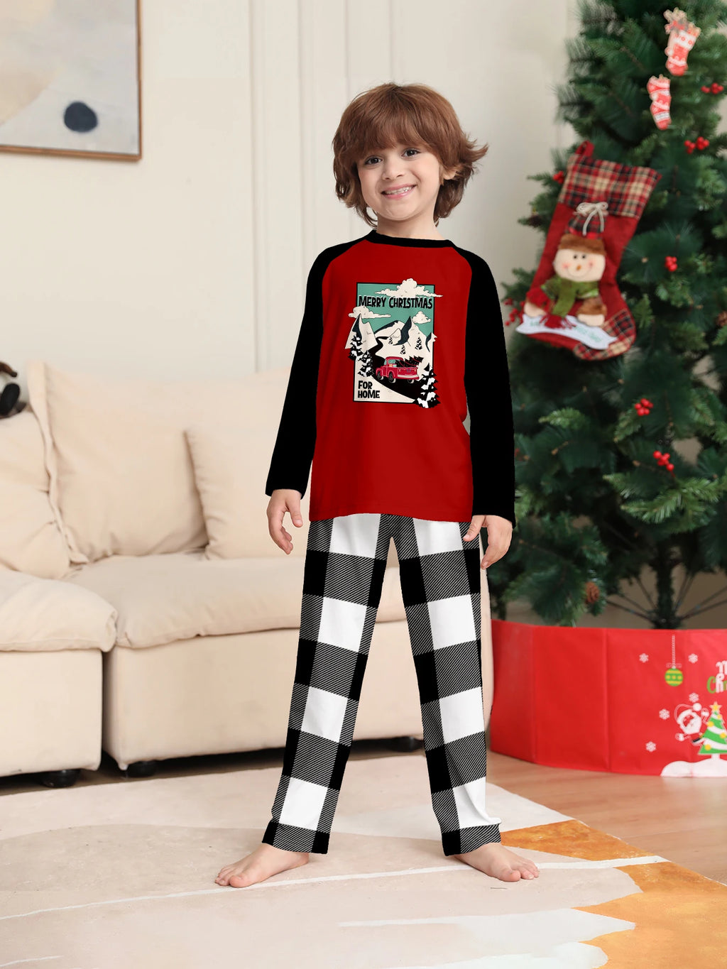 Christmas Family Matching Pajamas Set "MERRY CHRISTMAS" Raglan Sleeve Red Black Top Black White Plaid Sleepwear