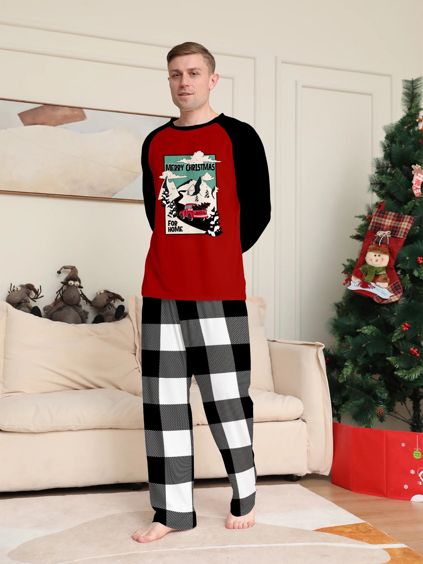 Christmas Family Matching Pajamas Set "MERRY CHRISTMAS" Raglan Sleeve Red Black Top Black White Plaid Sleepwear