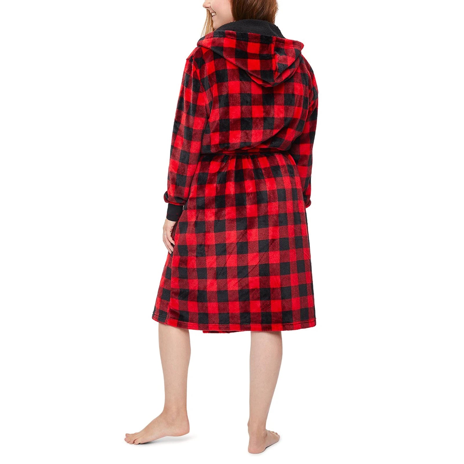 Family Matching Christmas Parent-child Nightwear Red Plaid Printed Pattern Long Sleeve Thick Hooded Nightgown with Belt