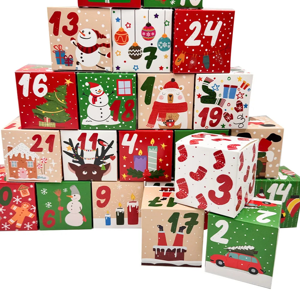 24pcs/set Christmas Advent Calendar Boxes Xmas Cute Cartoon Cube 24 Days Countdown Gift Candy Packaging Paper Box Party Decor