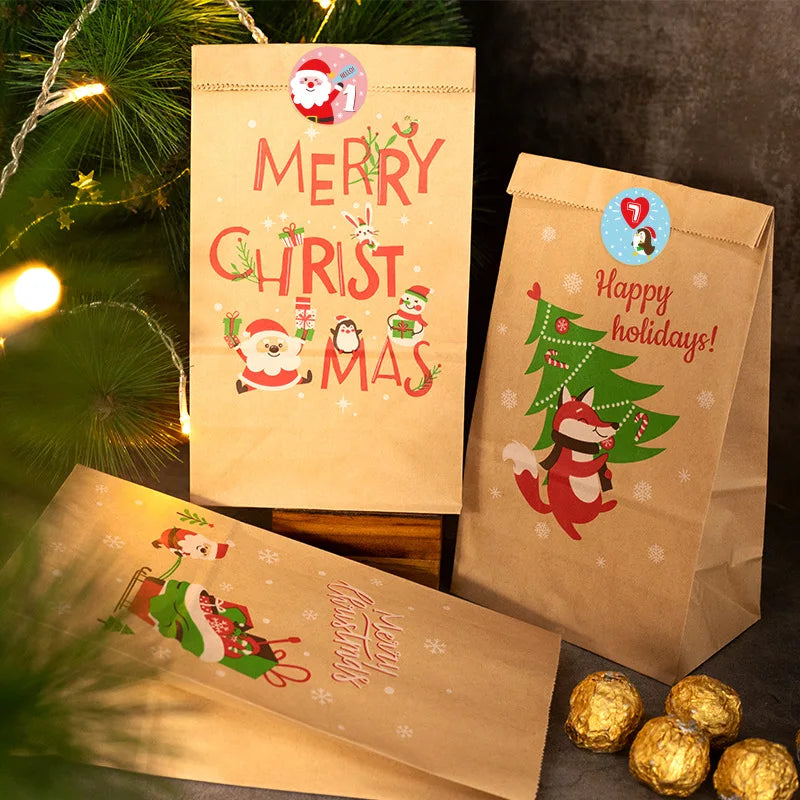 Christmas Gift Bags Kraft Paper Bag Candy Cookie Packaging Pocket Xmas Advent Calendar Digital Sticker Packing Supplies 24pcs