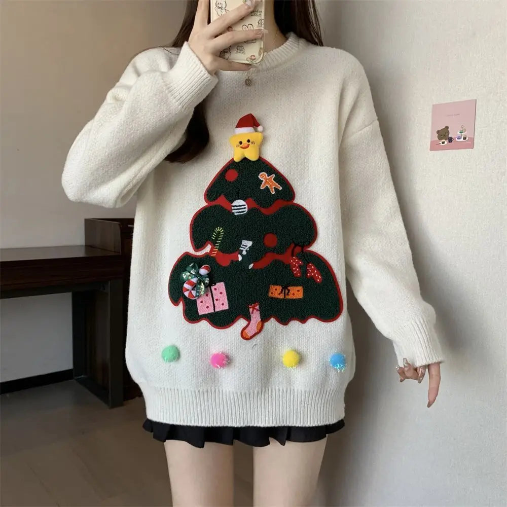 Large Size Women's Winter Style New Year Red Sweater Three-dimensional Christmas Tree Jacquard to Keep Warm