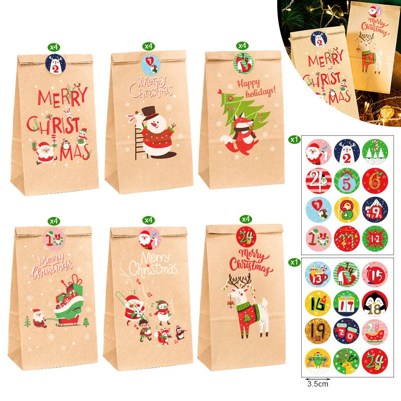 Christmas Gift Bags Kraft Paper Bag Candy Cookie Packaging Pocket Xmas Advent Calendar Digital Sticker Packing Supplies 24pcs