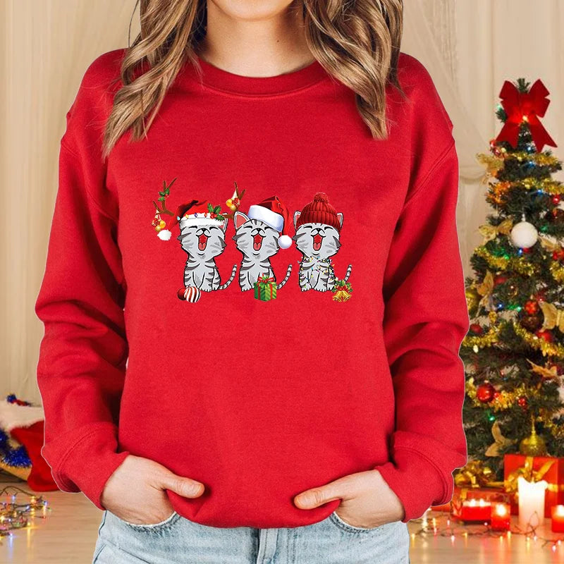 Christmas Cat Pattern Pullover Women's Fashion Casual Loose Sweater Cute Christmas Cat Top