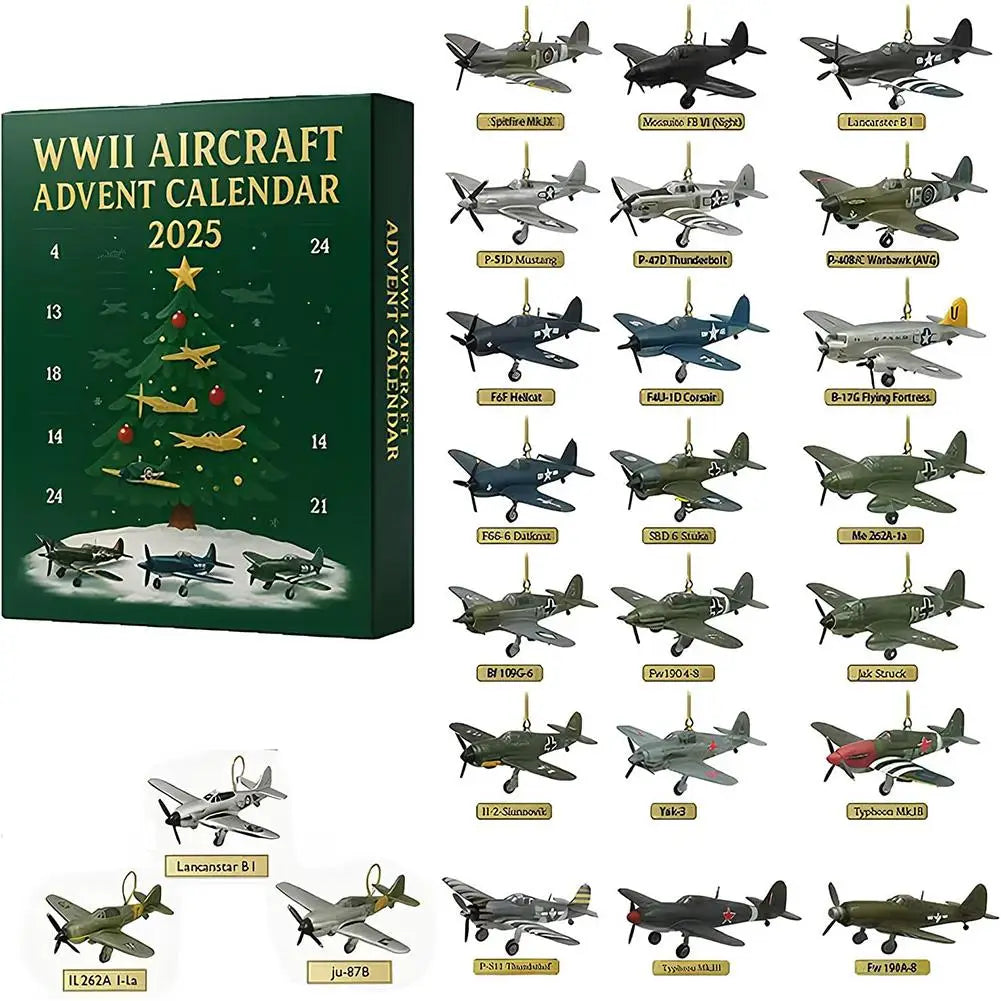 WWII Aircraft Advent Calendar 2025 with 24 2D Acrylic Unique Mini Warbirds Christmas Advent Calendar Gifts For Aviation Lovers