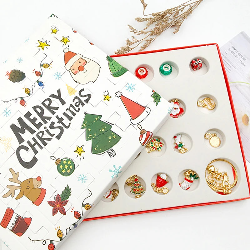 24Pcs Necklace Pendant Christmas Countdown Advent Calendar Box Set Christmas Themed DIY Bracelet Christmas Surprise Gift Box