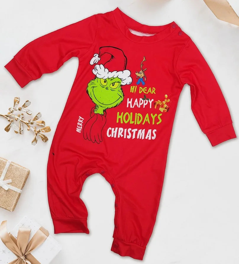 2025 Xmas Family Matching Pajamas GREENCH Happy Holiday Letter Print Adult Kid Baby Family Matching Outfit Christmas Family Pj's