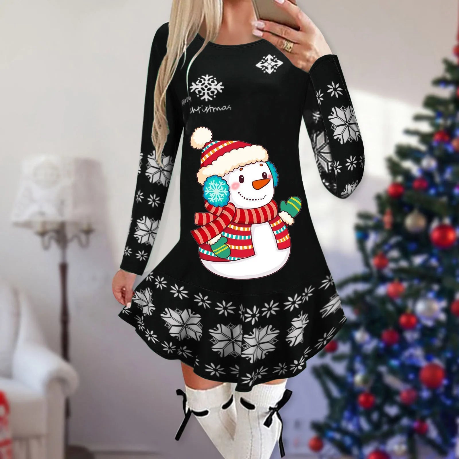 Christmas Snowflake Elk Vintage Party Dress Ruffles Elegant Long Sleeve Casual Print Winter Sweater Party Female O Neck Vestidos
