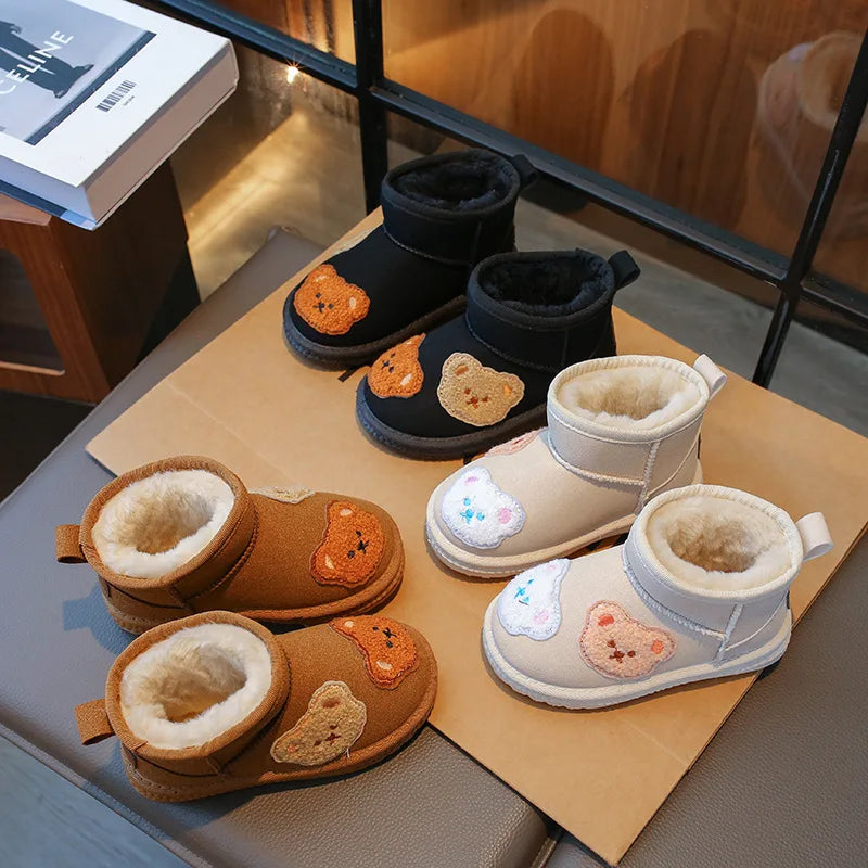 Children Snow Boots Warm Thick Plush Kids Winter Boots for Boys Cute Bear Slip-on Anti Slip Girls Boots Toddler Cotton Shoes