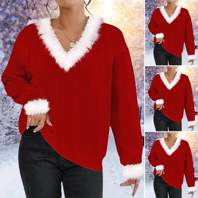 V Neck Knitted Jumpers Women Sweaters Christmas Pullovers Long Sleeve Patchwork Spliced Slight Strech Casual 2025 Autumn