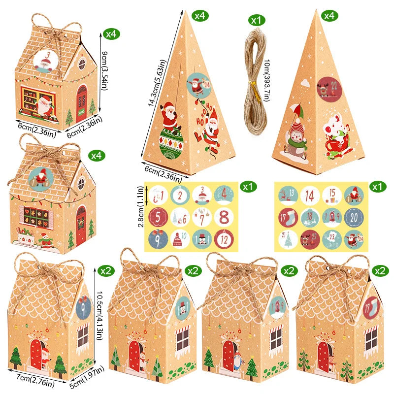Christmas Gift Boxes Advent Calendar Gingerbread House Paper Box Xmas New Year Party Packaging Supplies Package Bags 24pcs Mixed