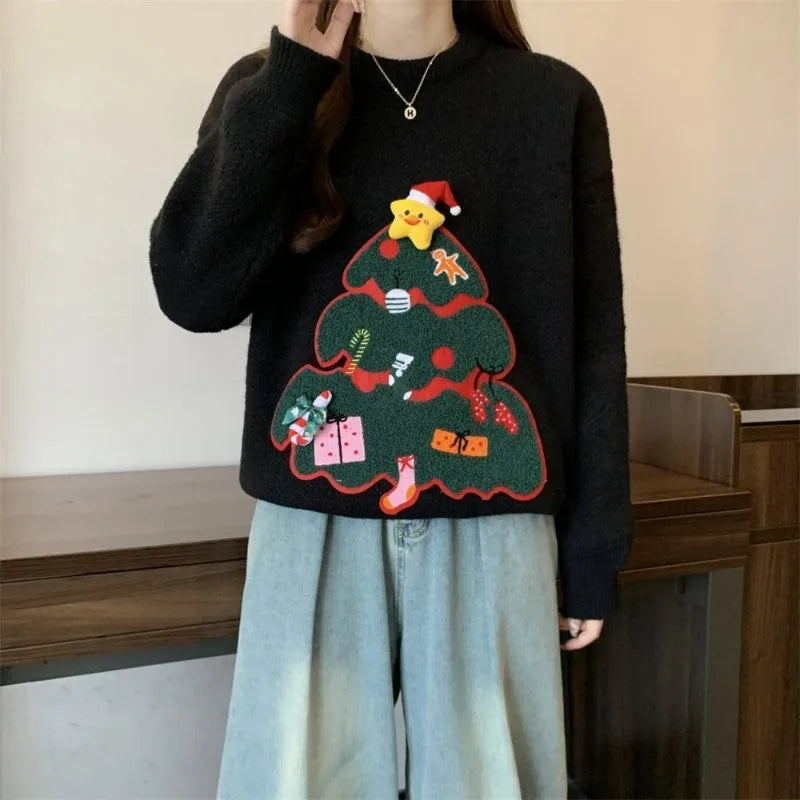 Large Size Women's Winter Style New Year Red Sweater Three-dimensional Christmas Tree Jacquard to Keep Warm