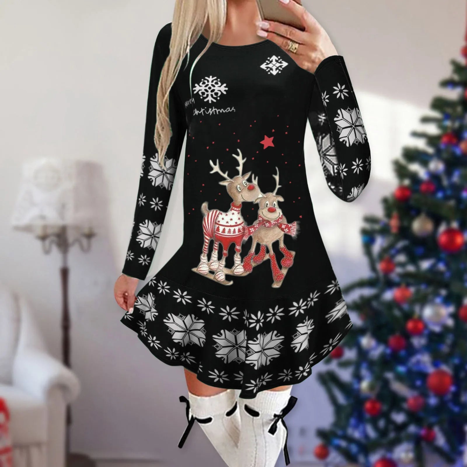 Christmas Snowflake Elk Vintage Party Dress Ruffles Elegant Long Sleeve Casual Print Winter Sweater Party Female O Neck Vestidos