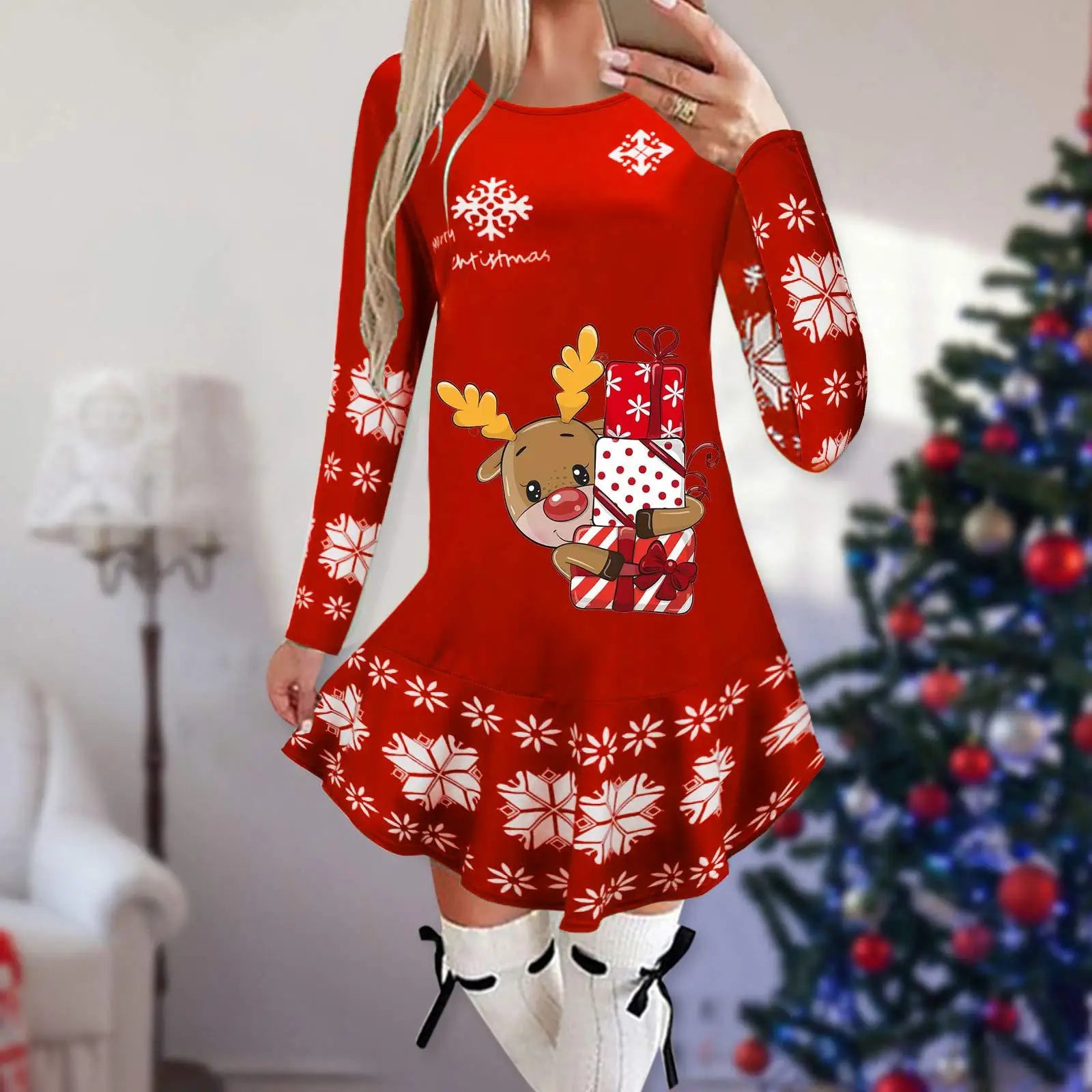 Christmas Snowflake Elk Vintage Party Dress Ruffles Elegant Long Sleeve Casual Print Winter Sweater Party Female O Neck Vestidos