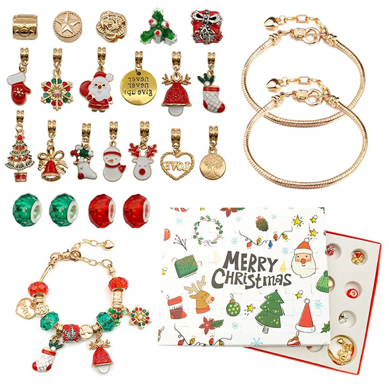 24Pcs Necklace Pendant Christmas Countdown Advent Calendar Box Set Christmas Themed DIY Bracelet Christmas Surprise Gift Box