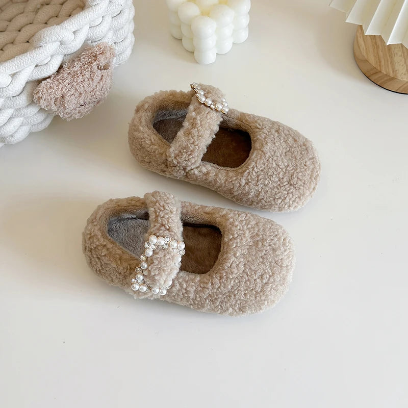 New Winter Children's Shoes Thickened Warm Girls Cotton Shoes Luxury Rhinestone Buckle Kids Fashion Princess Causal Plush Shoes