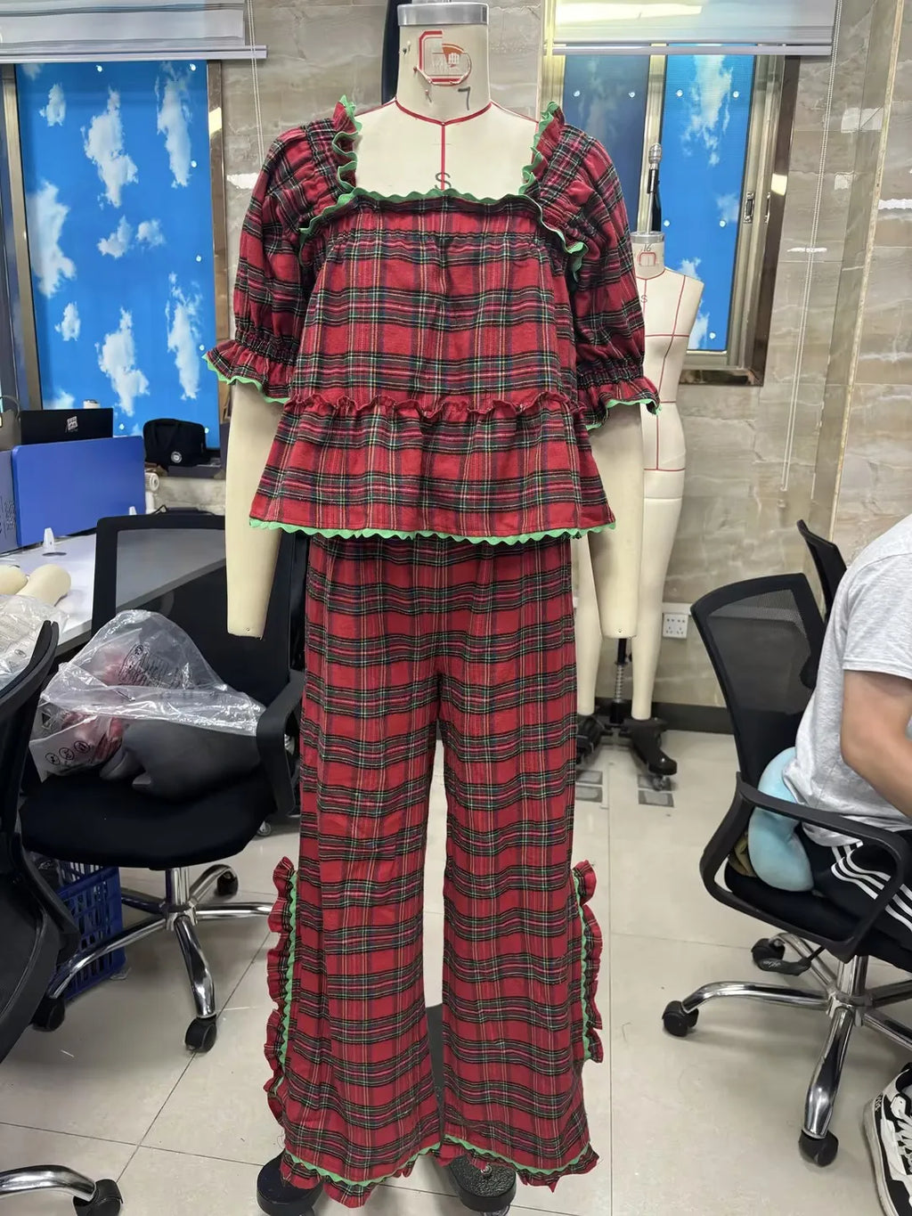 2026 New Years Spring Stripes/Plaid Short Sleeve Square Neck T-shirt with Pants Sleepwear Loungewear Xmas Women Pajama Set