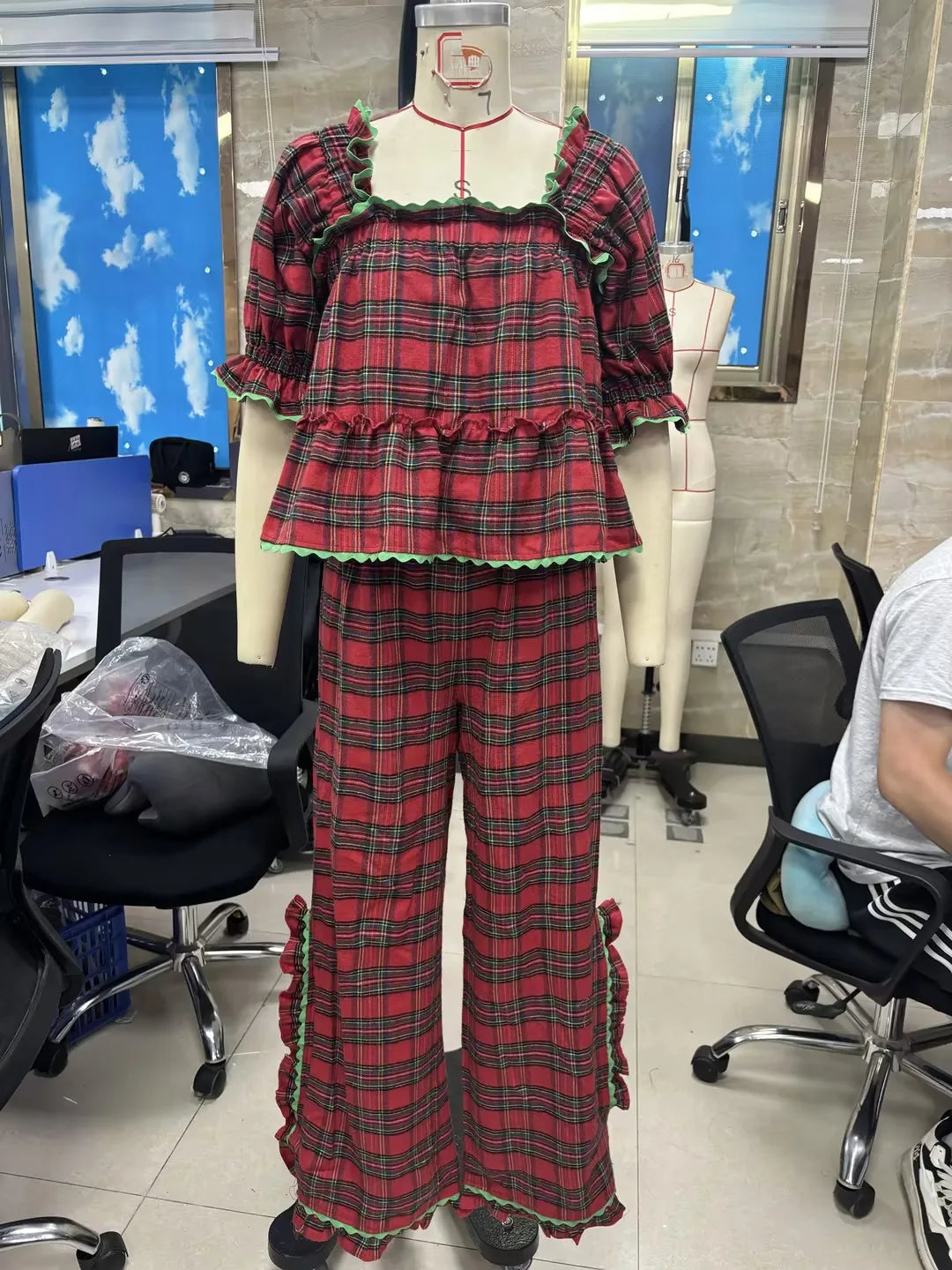 2026 New Years Spring Stripes/Plaid Short Sleeve Square Neck T-shirt with Pants Sleepwear Loungewear Xmas Women Pajama Set